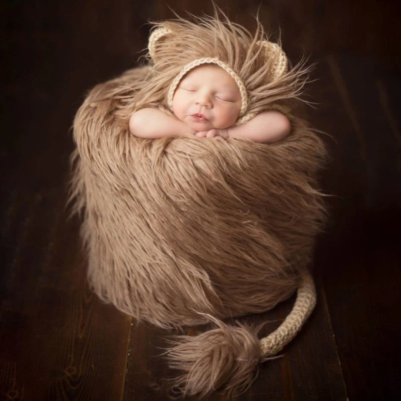 

2 Pcs Baby Props Lion Hat Tail Set Newborn Photography Costumes Boys Girls Photo Shooting Handmade Knitted Clothes