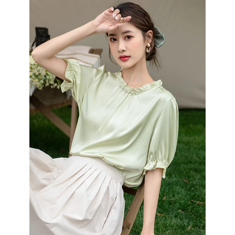 2022 New arrival 19 mm silk short sleeve blouse women's summer design sense mulberry silk temperament top green blouse K85