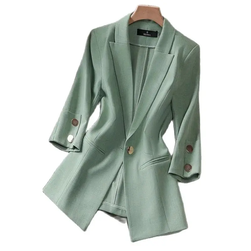 

Summer 2022 Solid Color Elegant Green Women's Suit Jacket Leisure Thin Korean Version Three Quarter Sleeves Lapel Ladies Blazer