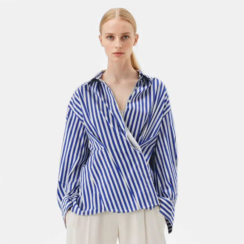Fashionable Casual Long Sleeve Shirt Street Style Blue And White Striped Design Autumn New Arrival Women's Button-Up Top