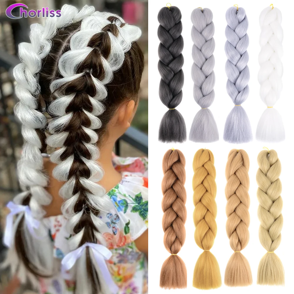 DIY Jumbo Braids Hair Extension 24"100g Synthetic Pre Stretched Ombre Box Braids Grey White Black Brown Kanekalons For Kid Women