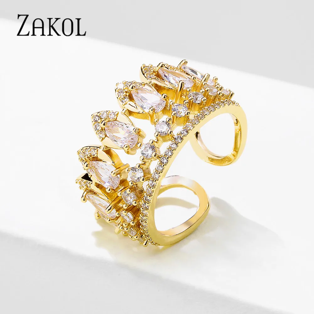 

ZAKOL New Elegant Crown Design Cubic Zirconia Ring Adjustable Opening Wedding Party Engagement Ring for Women RP2295