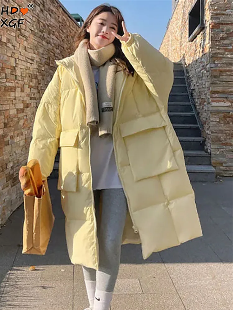 

Korean Fashion Thickening Solid Color Plus Size Long Coat For Women Winter Hooded Zipper Big Pocket Parkas Casual Simple Jackets