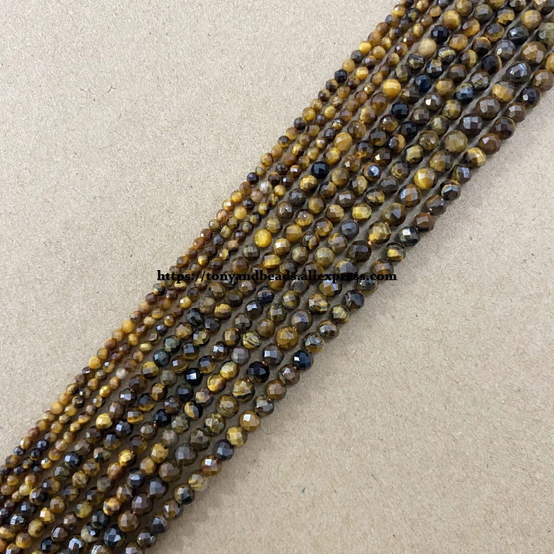 

Small Diamond Cuts Faceted AB Brown Gold Tiger Eye Stone Round Loose Beads 15" 2 3 4MM Pick Size For Jewelry Making DIY