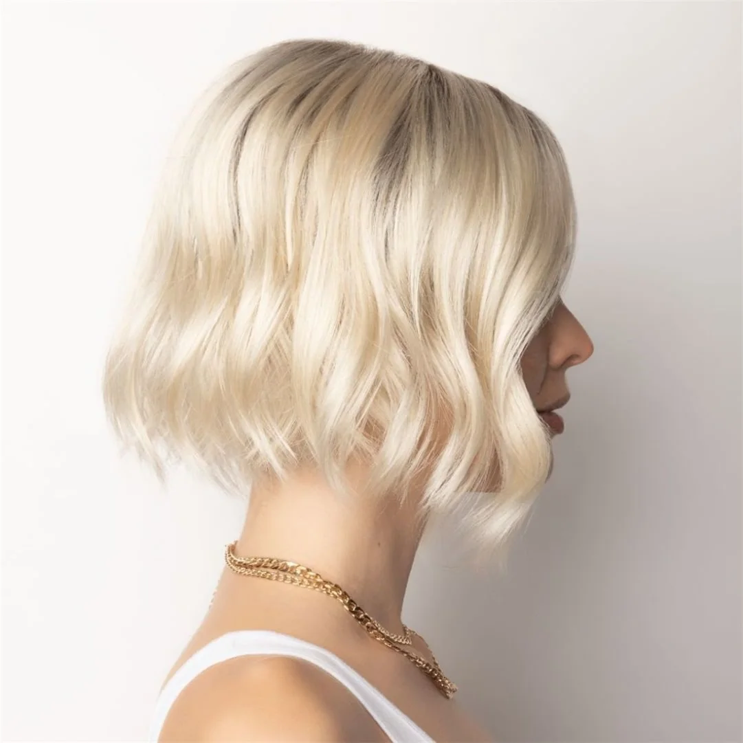 Icy Blonde Short Wavy Bob Wig Shoulder Length 13x1 Hd Lace Frontal Wig Desert Sand Rooted Ombre Human Hair Wigs Preplucked 150%
