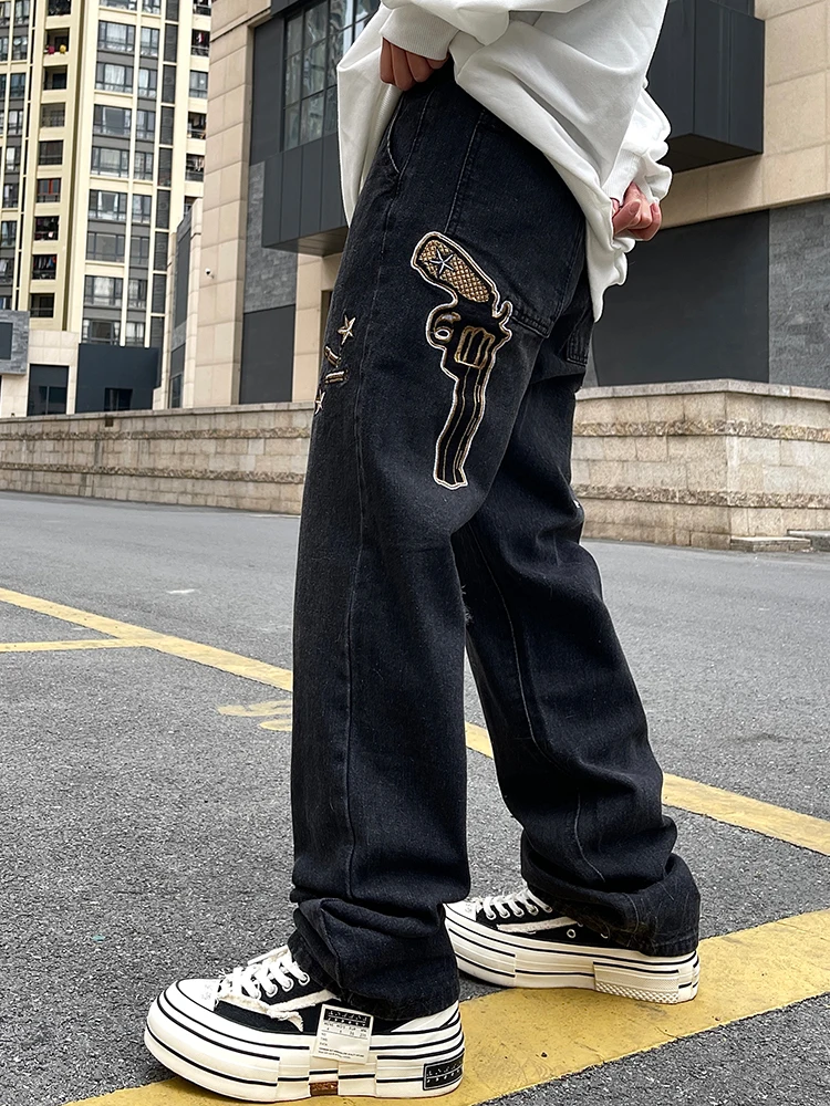 Men's Jeans Solid Color Y2k Retro Pistol Embroidery Large -sized Men and Female Denim Trousers Street Clothing Trend Ins Hotel