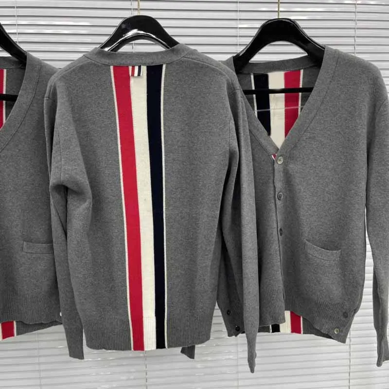 TB Men Sweaters Back RWB Striped Luxury Brand Design V Neck Knitted Cardigan Fashion Autumn Vintage Women Jumper Tops