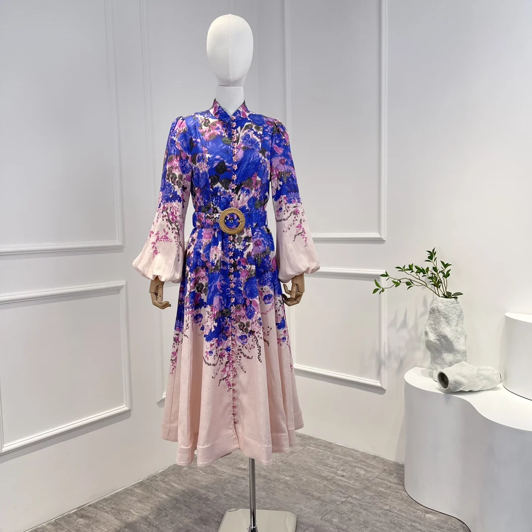 

Женское винтажное платье с поясом, фиолетовое платье средней длины с цветочным принтом и градиентными рукавами-фонариками, осень 2022