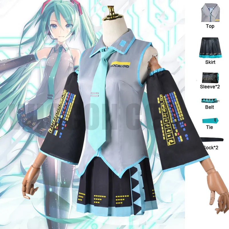 

Anime Miku Cosplay Costume Japan Midi Dress Female Male Patent Outfits For Halloween New Year Party Suits Wig