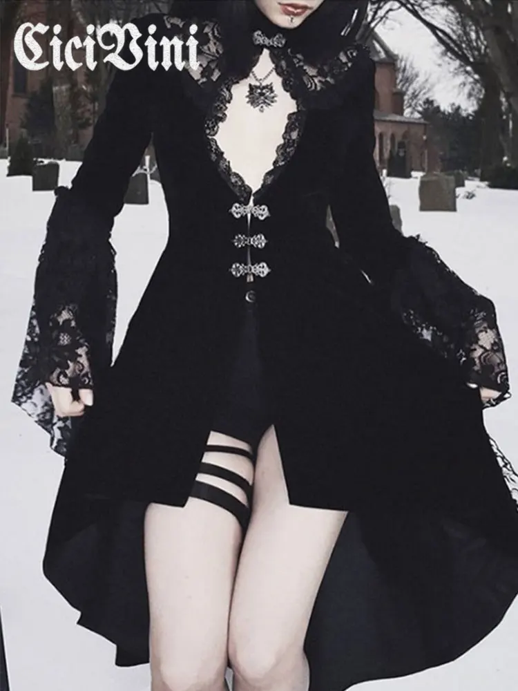 

CiciVini Gothic Sexy Black Dress Lace Stitching Trumpet Sleeves Gold Velvet Hollow Autumn And Winter Wrap Chest Dress Retro