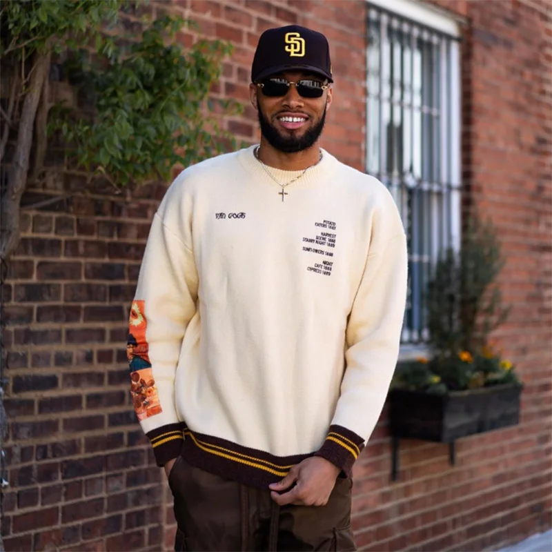 2023 Mens Japanese Harajuku Retro Sunflowers & Self-portrait of Van Gogh Sweater Sweater Y2K Autumn Loose Hip Hop Streetwear