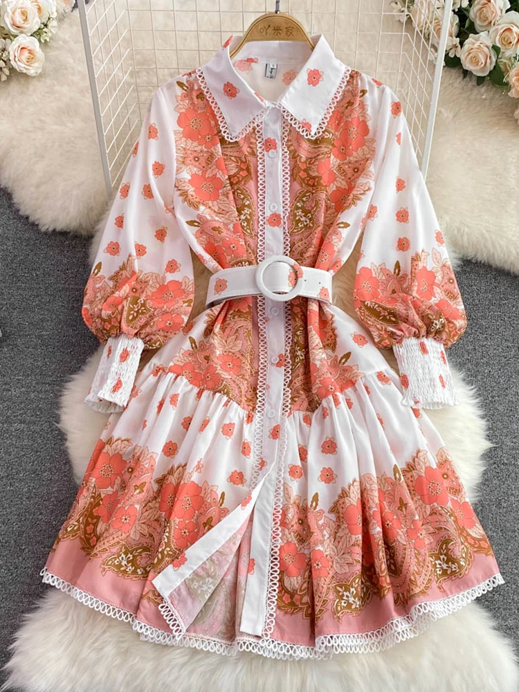 

FMFSSOM Summer Fashion Casual Lace Hollow Out Stitching Long Sleeved Dress Elegant Single Breasted A-Line Dress With Belt