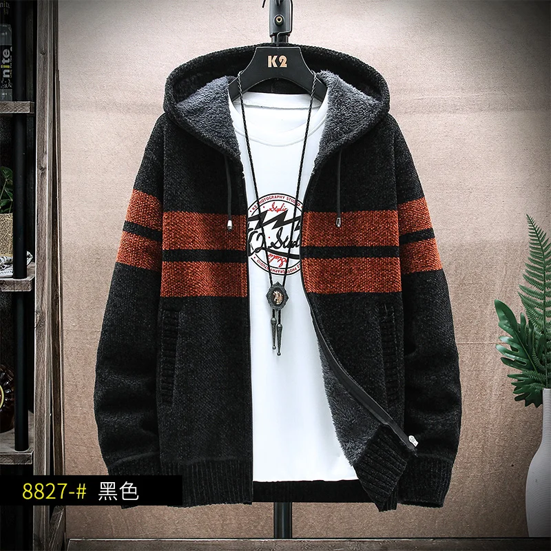 

2022 Autumn Korean Hooded Men's Sweaters with Fleece Men's Stripe Cardigan Knitted Sweatercoats Casual Jacket Male M-4XL 8827