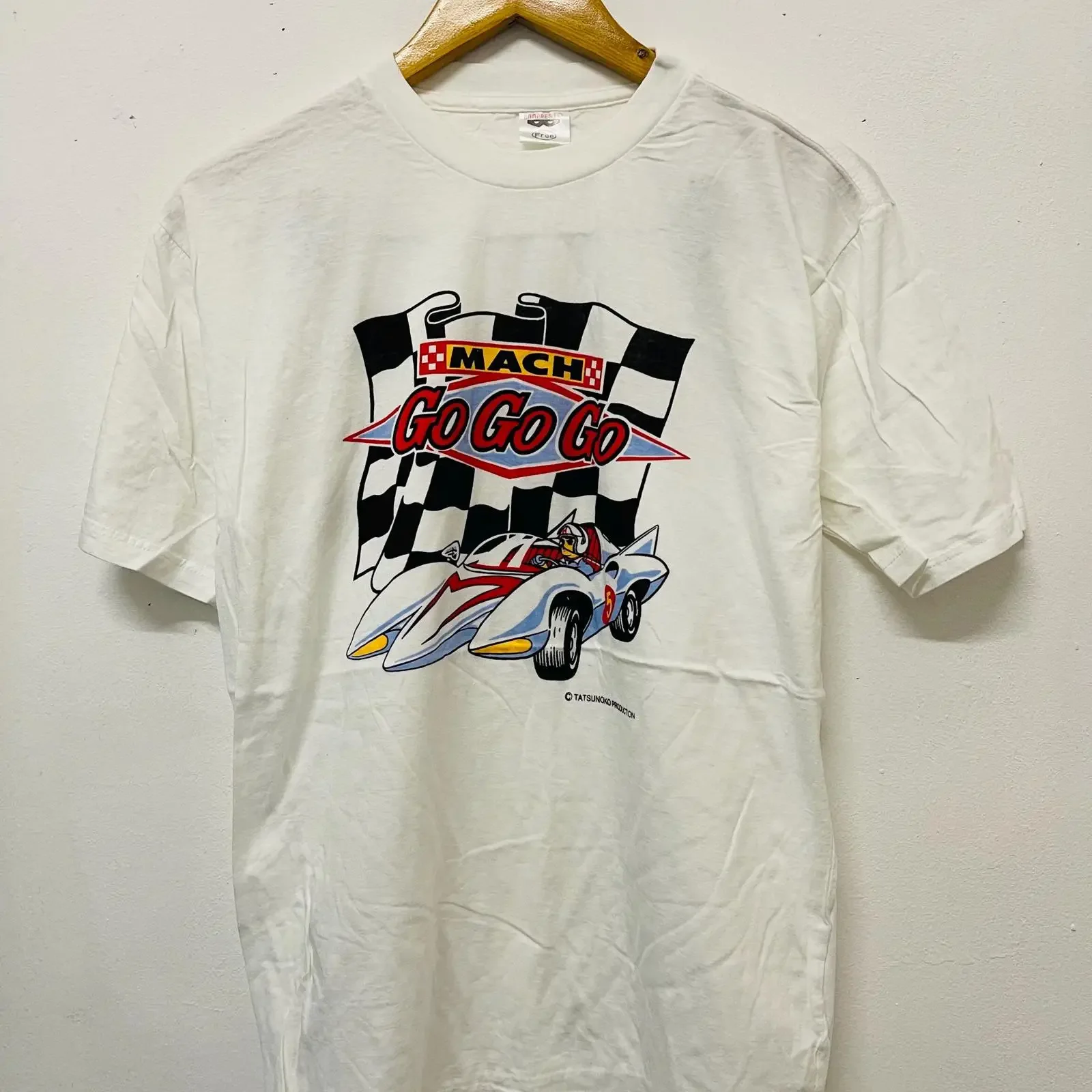 Фото Винтажная футболка 90-х годов Mach Gogogo Speed Racer, аниме, мультфильмы, японская анимация, поп-арт, уличная одежда, белая, размер M, с эффектом потертости №1
