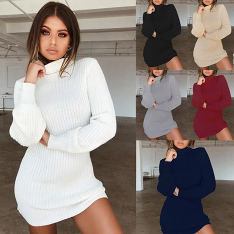 

Women Turtleneck Slim Knitted Solid Wool Mini Dresses Fashion Ladies Basic Long Sleeve 2022 Winter Autumn Warm Dresses