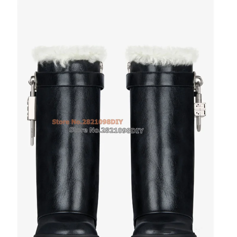 Shark Lock Biker In Leather Black Short Boot Round Toe Fur Insidd Warm Snow Boots Women Height Inreased Ankle Boots Plus Size
