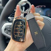 leather strap keychain flip folding key 4 button tpu car key case cover for hyundai sonata 2015 key shell fob car accessories