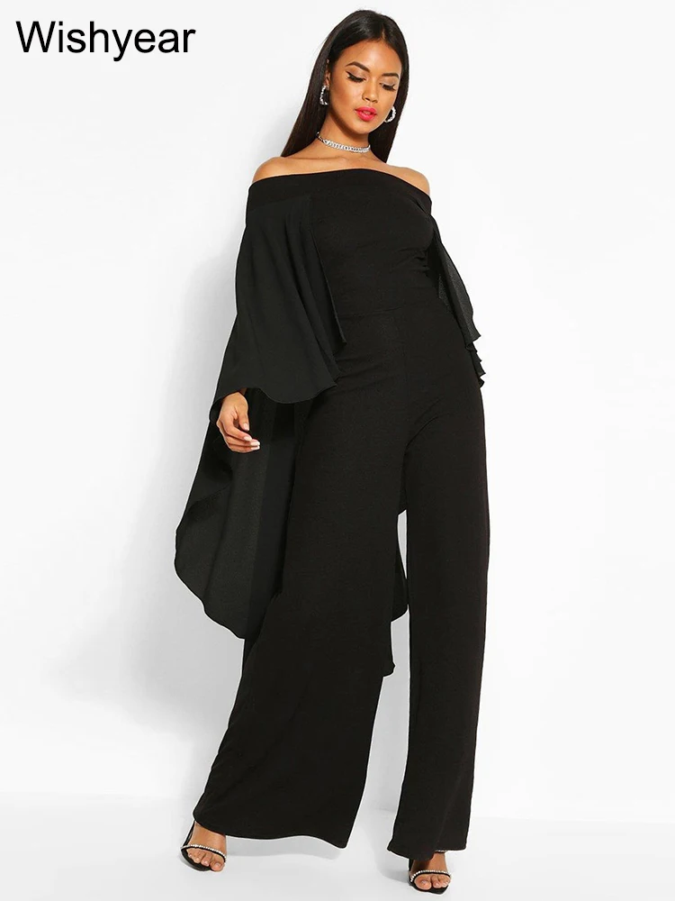 

Wishyear Luxury Off Shoulder Chiffon Shawl Wide Leg Long Jumpsuits for Women One Pieces Rompers Party Overalls Evening Elegant