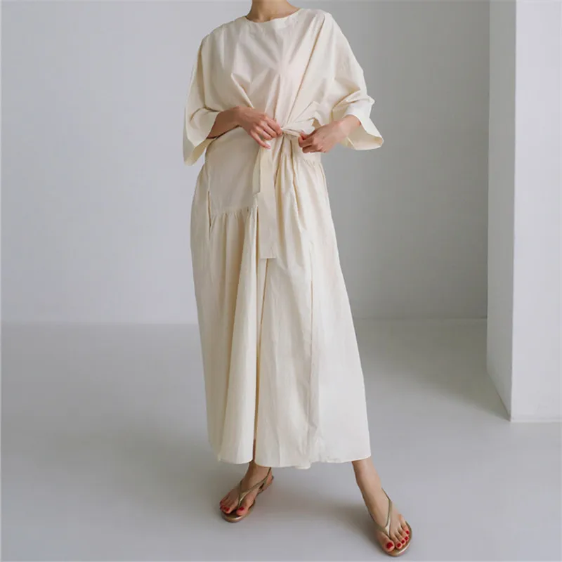 

Summer 2022 Minimalist Sundress Women O-neck Solid Mid Calf Casual Lace-up Swing A-line Dresses Holiday Vestidos