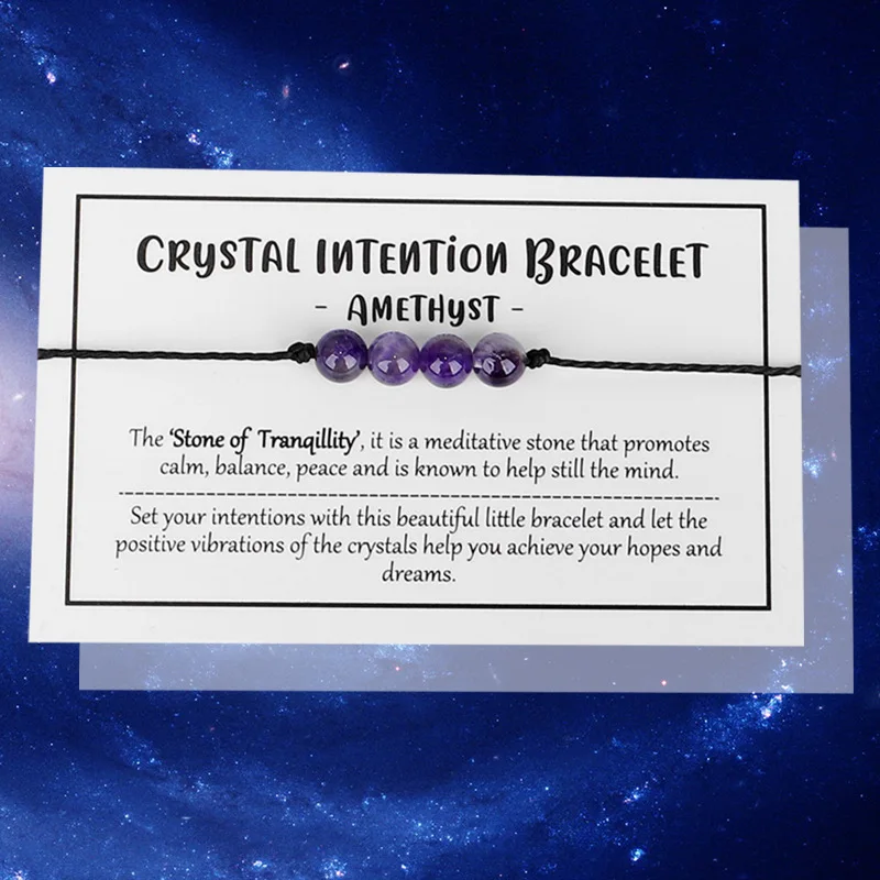 

Adjustable Natural Stone Amethyst Bracelets Handmade Braided Rope Chakra Crystal Beaded Bracelet Reiki Luck Jewelry Wish Card