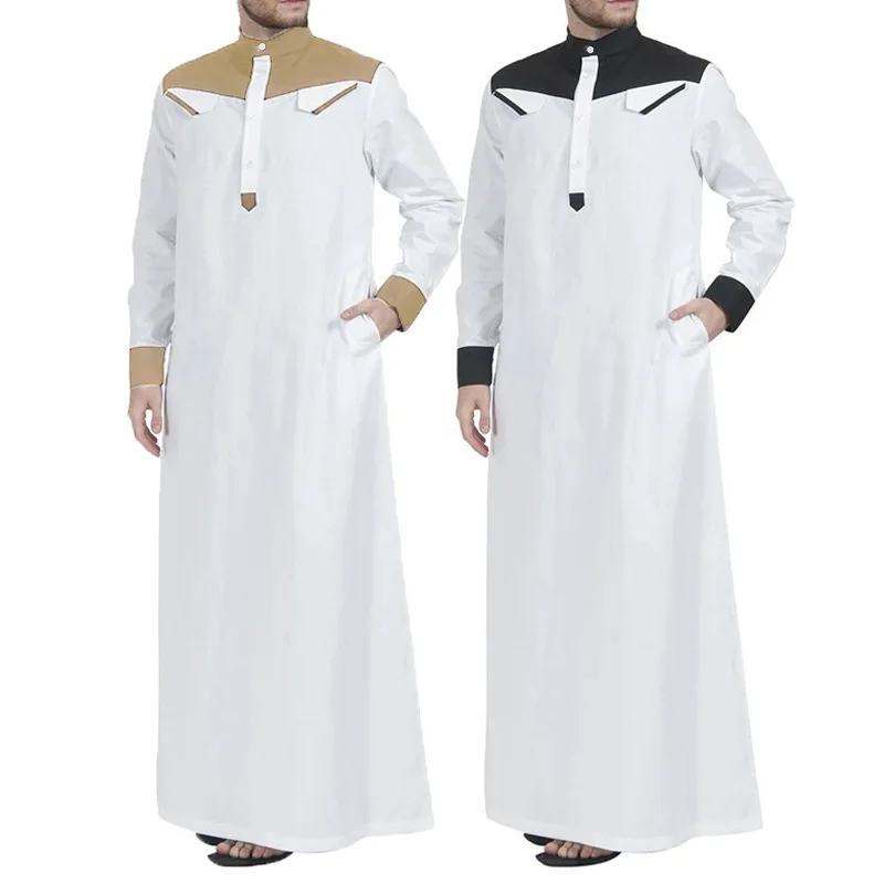 2023 Dubai Muslim Men's Clothing Color Matching Middle Eastern Robe Malaysian Men's Robe Jubba Thobe Fashion