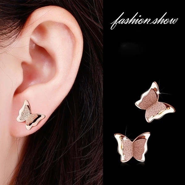 

Fashion Jewelry Double Frosted Bling 3D Butterfly Rose Gold Earrings for Women Surgical Stainless Steel Stud Earrings Gifts