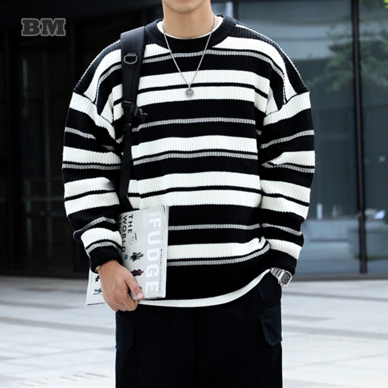 

Зимний Американский Повседневный трикотажный свитер в полоску, Мужская одежда, Корейская уличная одежда, трикотажная одежда с круглым выре...