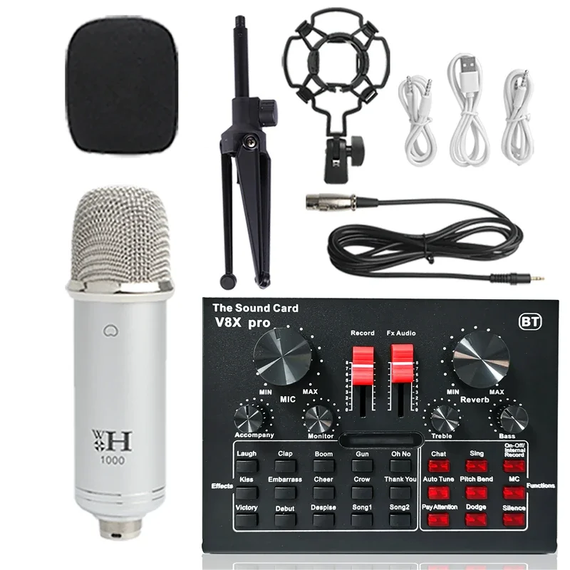 

Wireless Karaoke microphone tripod WXH1000&BM900 USB Sound Card V8XPRO Professional Studio Condenser Microphone for PC Phone MIC