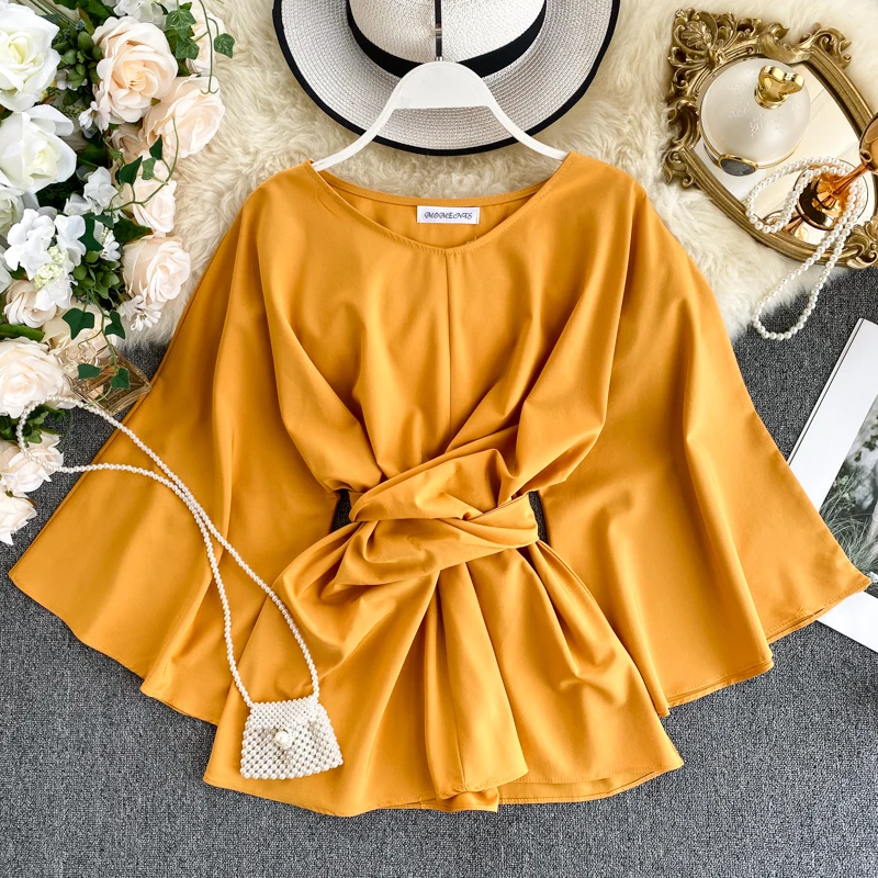 Womens T-Shirt Spring Autumn Tide Super Fire Lacing Waist Lady Temperament Flare Sleeve Solid O-Neck Tops Wild Top