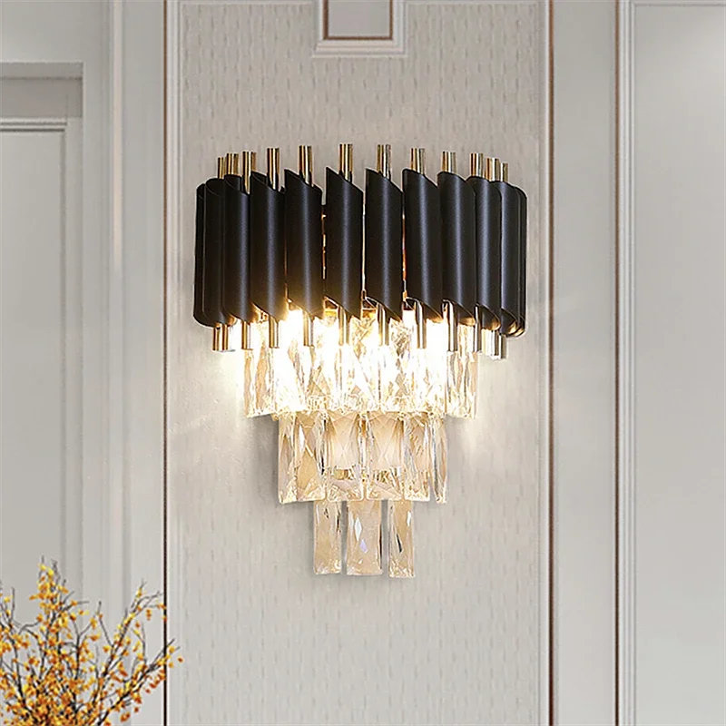 

Современная роскошная хрустальная настенная лампа, украшение для коридора, спальни, прикроватный светильник черного цвета, комнатное бра для ванной комнаты