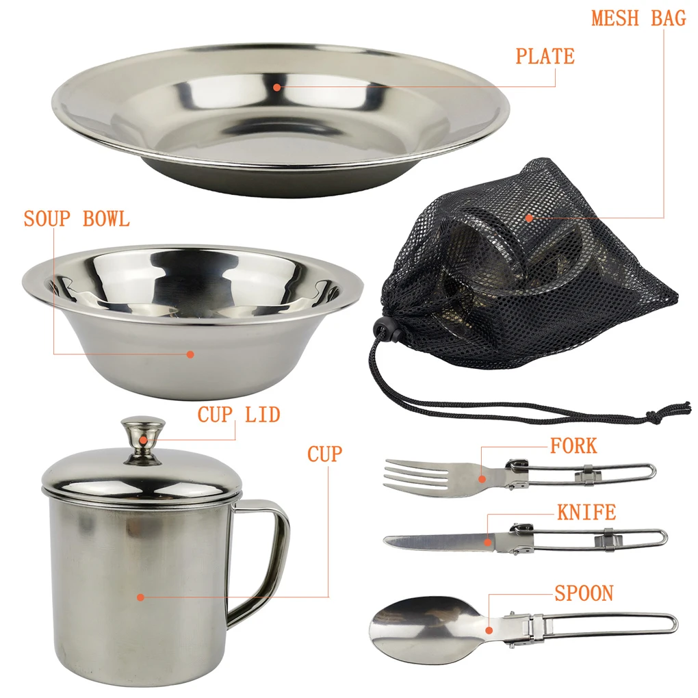

6PCS/Set Portable 201 Stainless Steel Tableware Outdoor Picnic Bowl 1-2 People Polishing Spoon Fork Flatware Equipment
