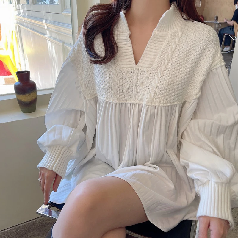 

WDMSNA Retro V-neck Stitching Knit Bloues Women Loose Casual Puff Sleeve Ladies Shirt Top Korean Autumn Simple Blusas De Mujer