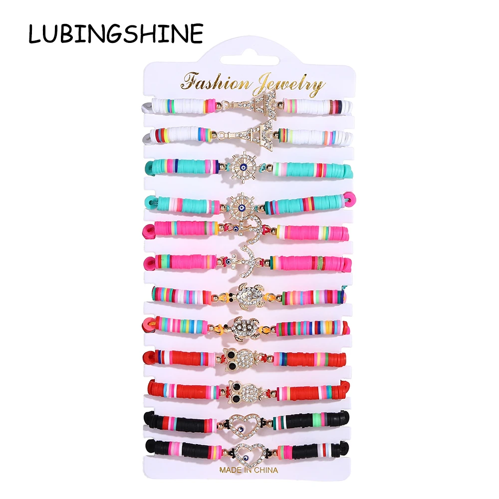 12pcs/lot Shiny Crystal Turtle Heart Bracelets for Women Child Soft Clay Adjustable Charms Rope Chain Anklets Boho Girl Jewelry