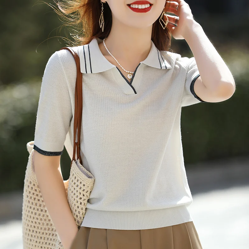 Женская шелковая футболка-поло SHUANGYANROAD