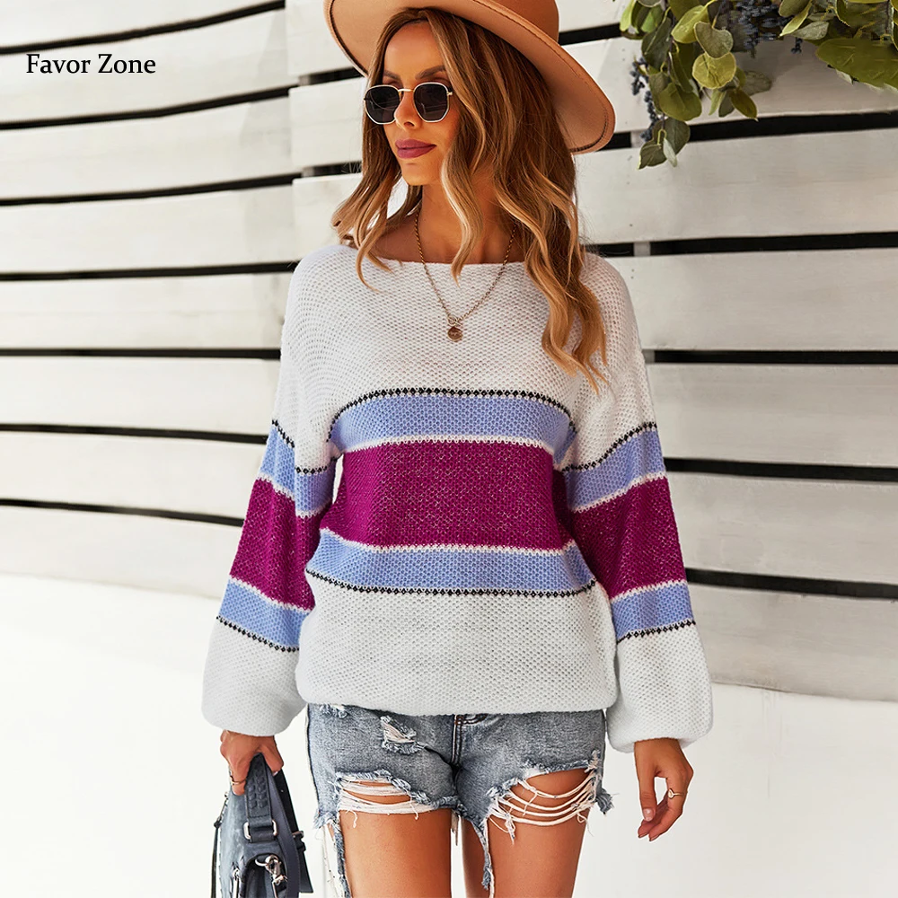 

Женский трикотажный свитер в полоску, повседневный Свободный пуловер с длинным рукавом, 2022
