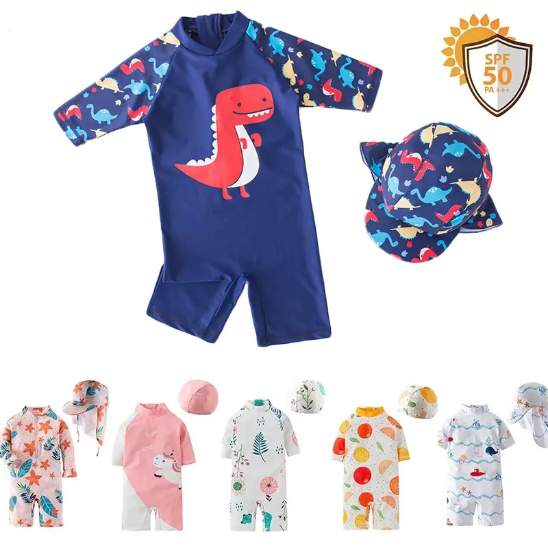 

Baby Girls Swimsuit Long Sleeves One Piece Swimwear for Kids Toddler Cartoon UPF50+ Rash Guards Infant Bathing Suit Korea Sets