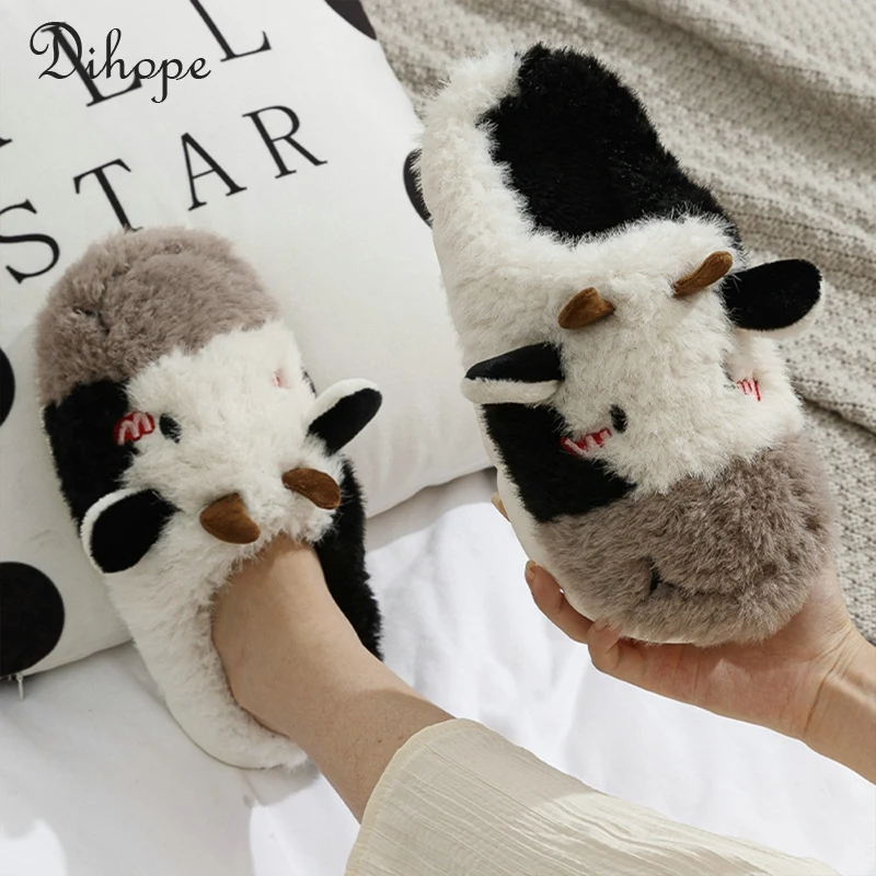 

Тапочки домашние хлопковые для мужчин и женщин, теплые плюшевые тапки на толстой подошве, симпатичная корова, забавные Нескользящие, сланцы