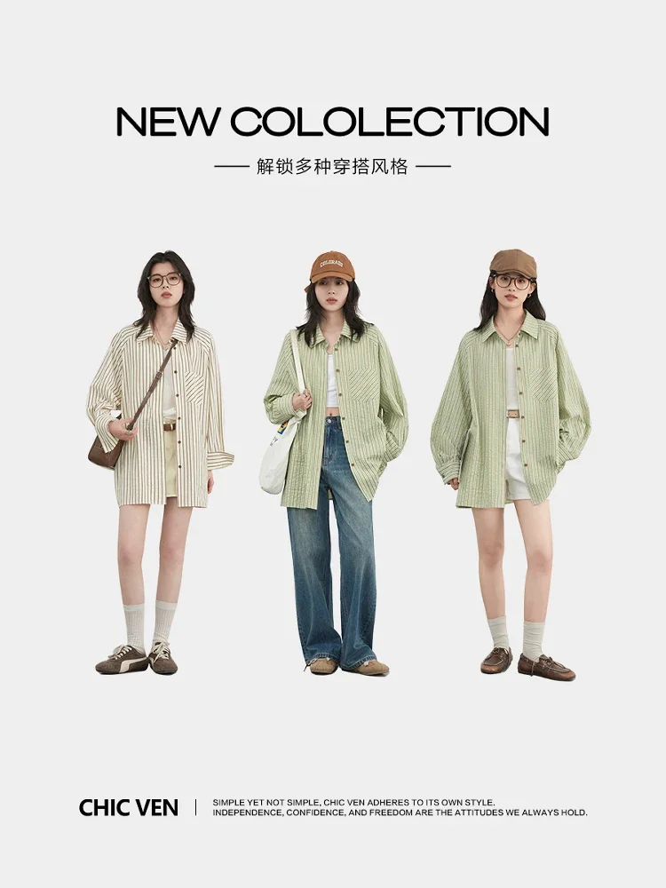 Фото Модная женская рубашка CHIC VEN: однобортная, свободная, повседневная, в вертикальную полоску, с длинными рукавами, блузка-пальто для женщин, весна-лето 2026 №4