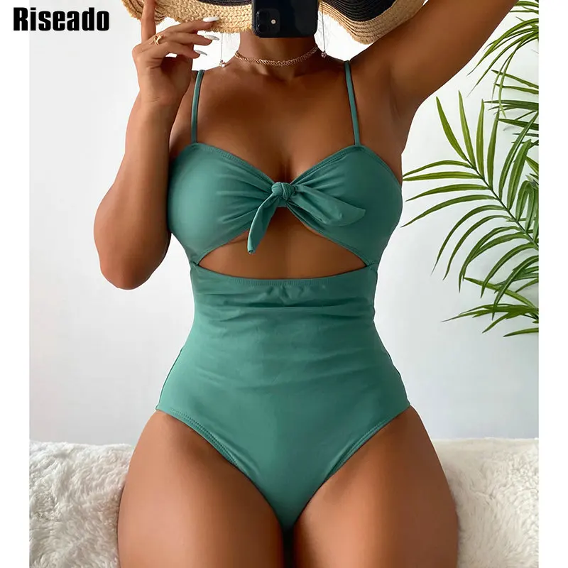 

Riseado Sexy Cut Out Swimwear Women One Piece Knotted Front Swimsuit 2022 New Green Bodysuit Women Monokini Push Up Bathing Suit