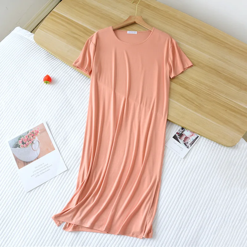 2023 New Summer Women's Sleeping Dress Combed Cotton Bottom Split Long Dress Casual Solid Color Slim Short Sleeve Home Dress