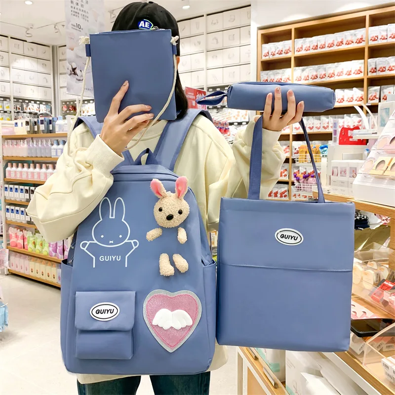 

Qyahlybz cute 4pcs set schoolbag girls cartoon bunny doll backpack children backpacks for students shoulder bags