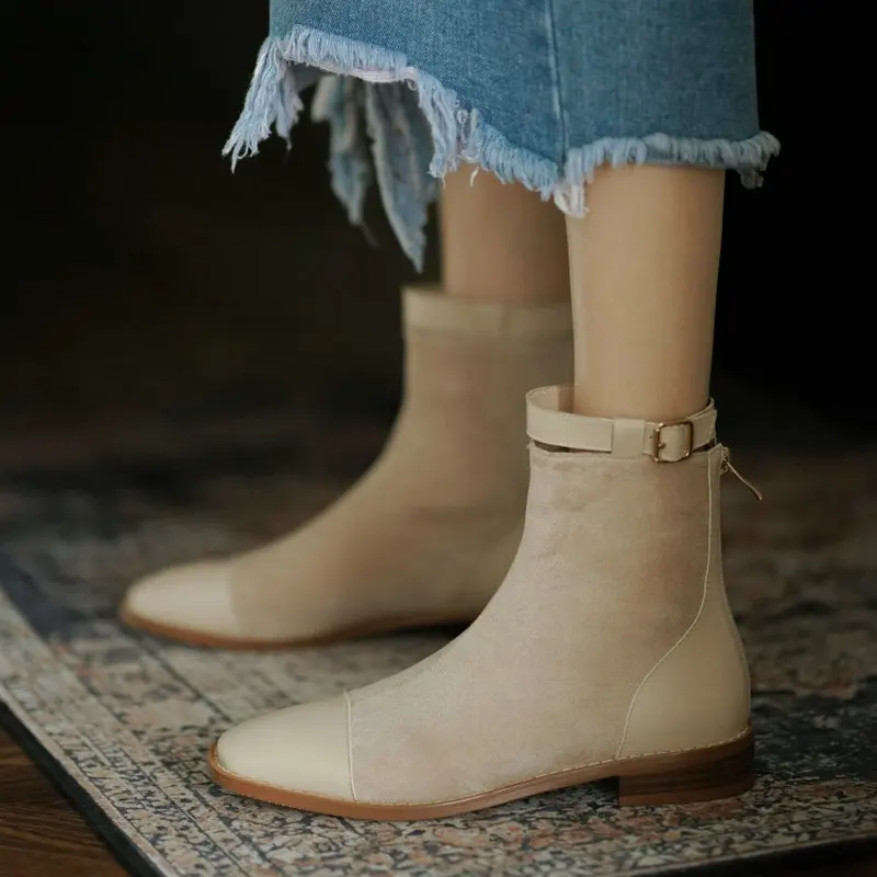 

QPLYXCO 2021 Spring Autumn Ladies Retro Chelsea Booties Black Beige Low Heels Womens Ankle Motorcycle Boots Large Size 44 45 46