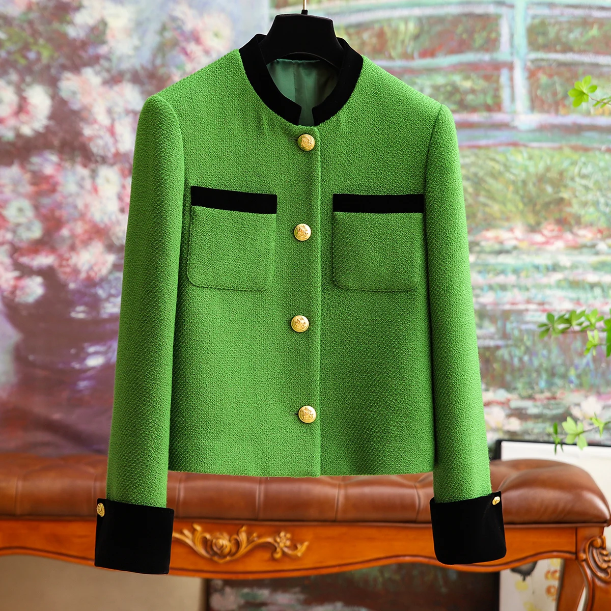 

Velvet spelling wool straight small perfume short jacket female 2023 fall and winter new commuter casual personality jacket