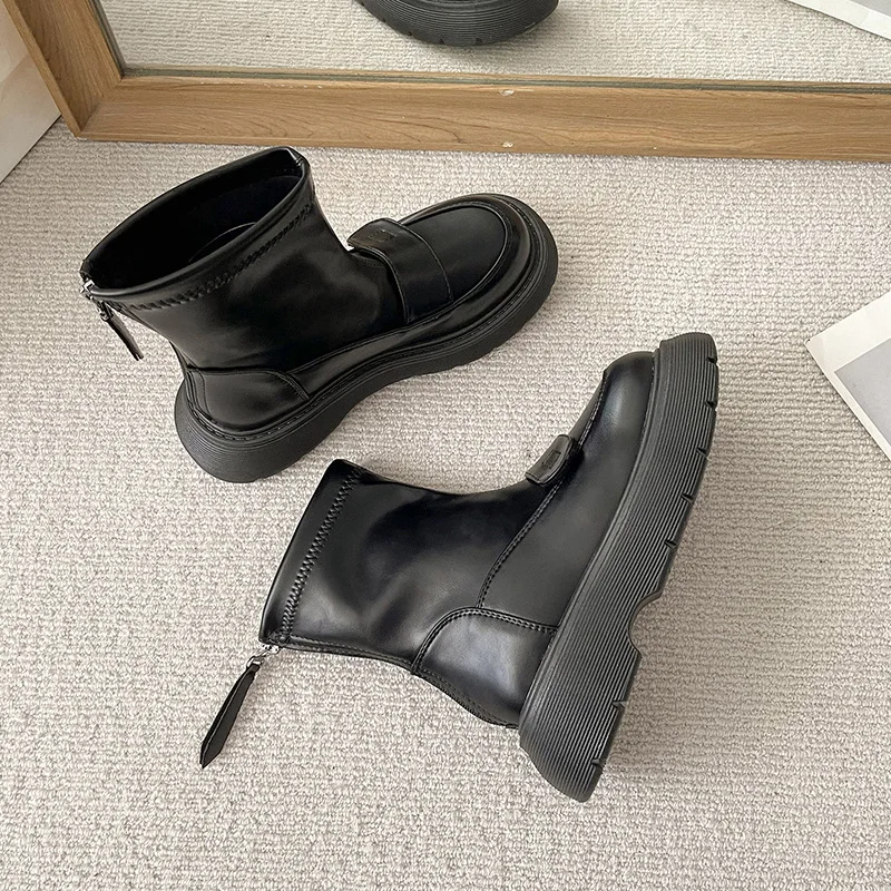 Chelsea Women's Rubber Boots Female Shoes Platform Round Toe Ladies Autumn Ankle Botines De Mujer Square Heel Pu