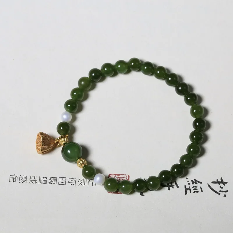 

Hetian jade bracelet single ring 6mm round bead DIY women with pearl gold lotus pendant simple charm Girlfriend gift wholesale