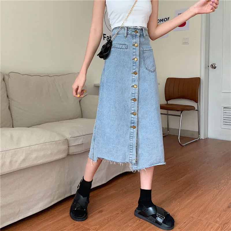 

2022 New Summer High Waist A-Line Women Denim Skirt Fashion Vintage Irregular Single Breasted Split Mid-Length Skirt Female