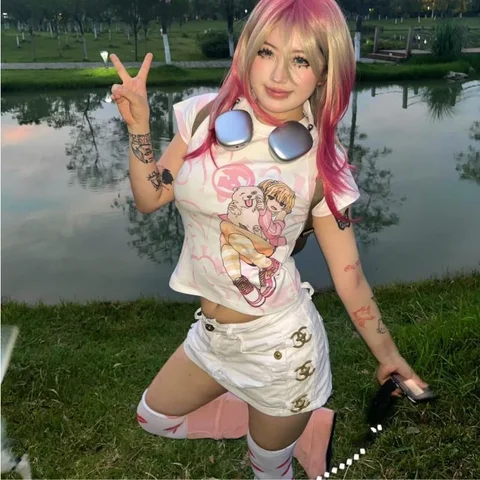 Deeptown Kawaii Y2k розовый полиэстер футболка короткая