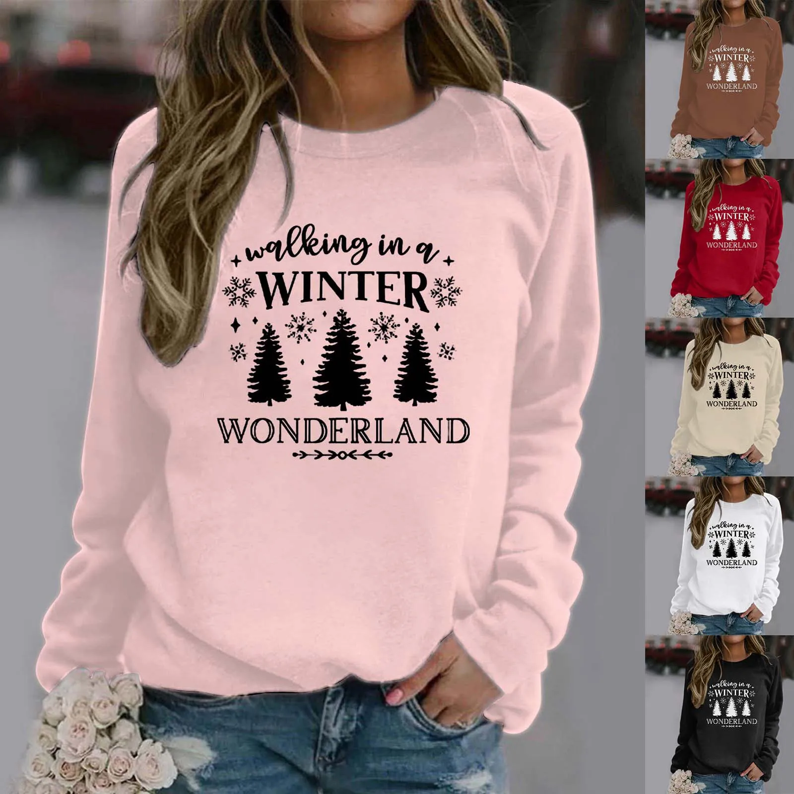

Women's Winter And Christmas Tree Print Round Neck Long Sleeve Casual Hoodie