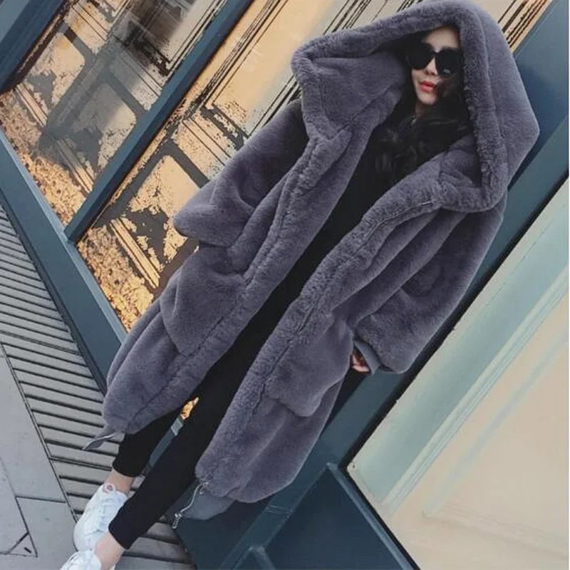 2022 New Rex Rabbit Fur Long Section Pure Color Faux Fur Coat Casual Fur Women's Jacket Winter Thicken Warm Hooded Fur Coat