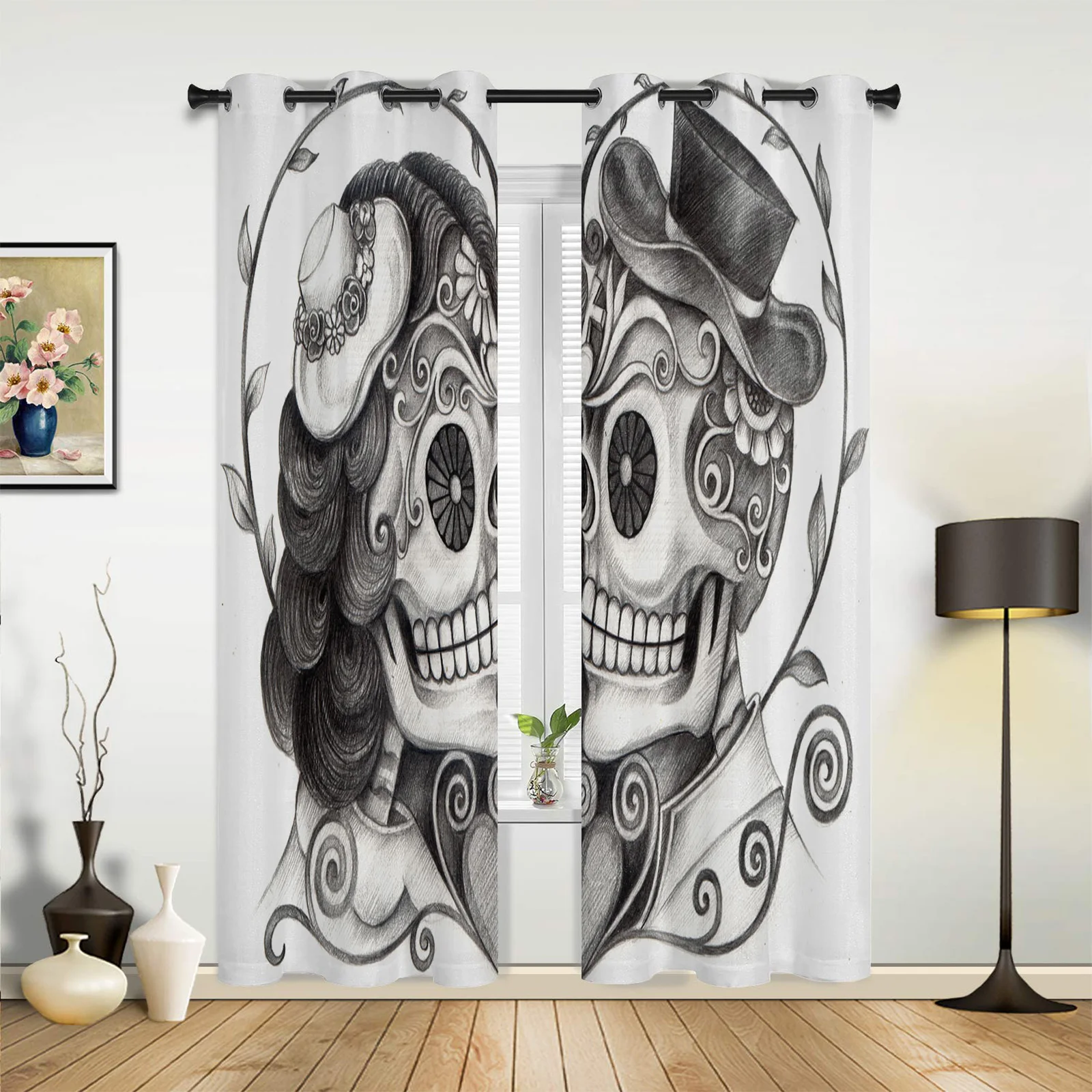 

Love Skull Flowers White Curtains for Bedroom Living Room Drapes Kitchen Children's Room Window Curtain Modern Home Decor